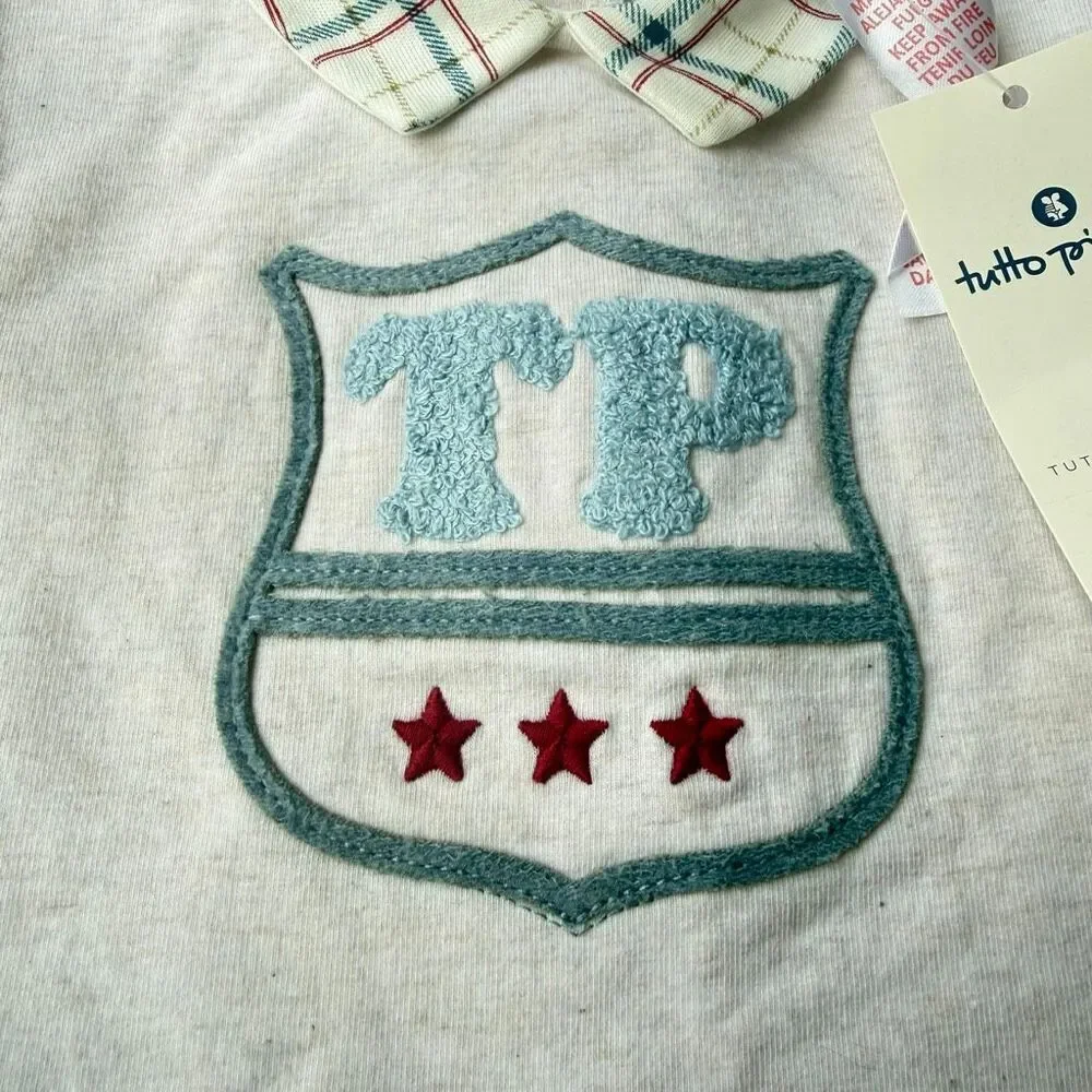 Tutto Piccolo long-sleeve top crest appliqué checkered collar and hem Size 36 mo